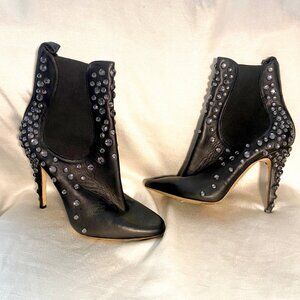 Tamara Mellon Black Crystal Studded Ankle Boots Leather High Heel Booties